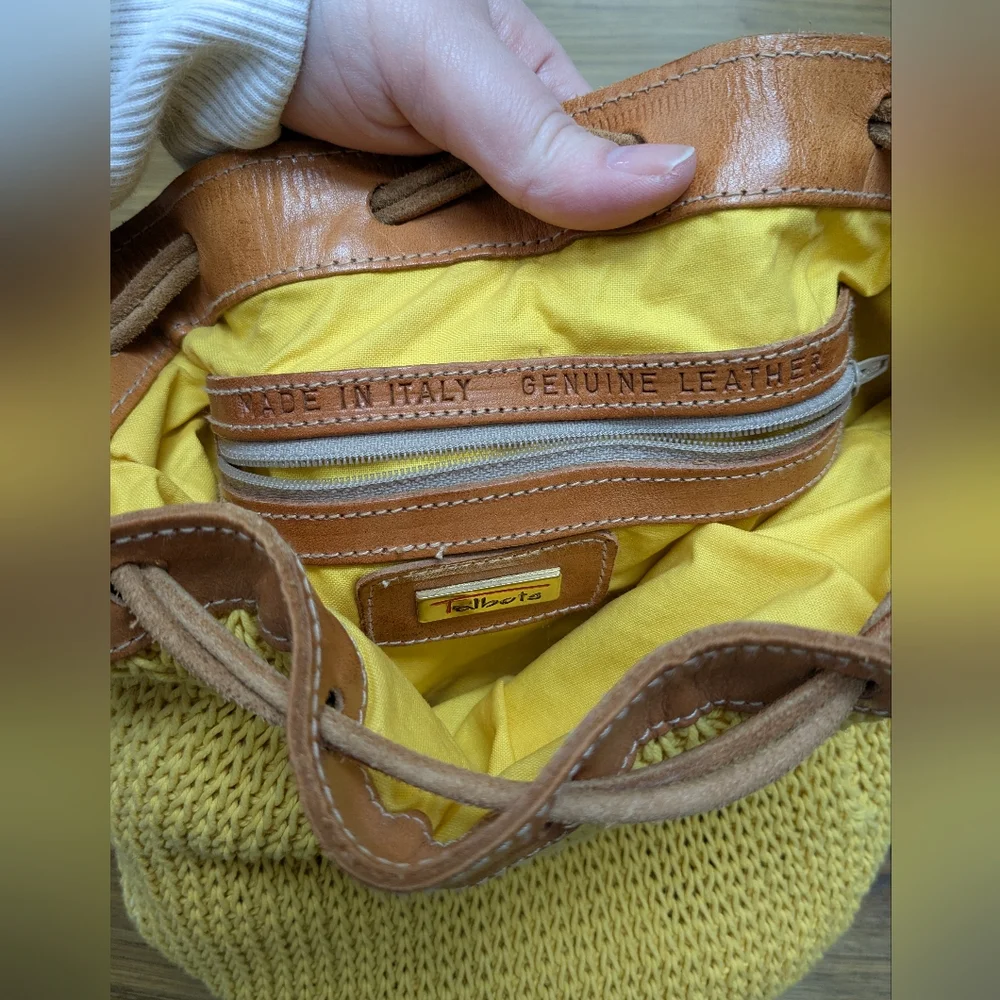 VTG Talbots Yellow Boho Woven Crochet Leather Drawstring Small Bucket Handbag